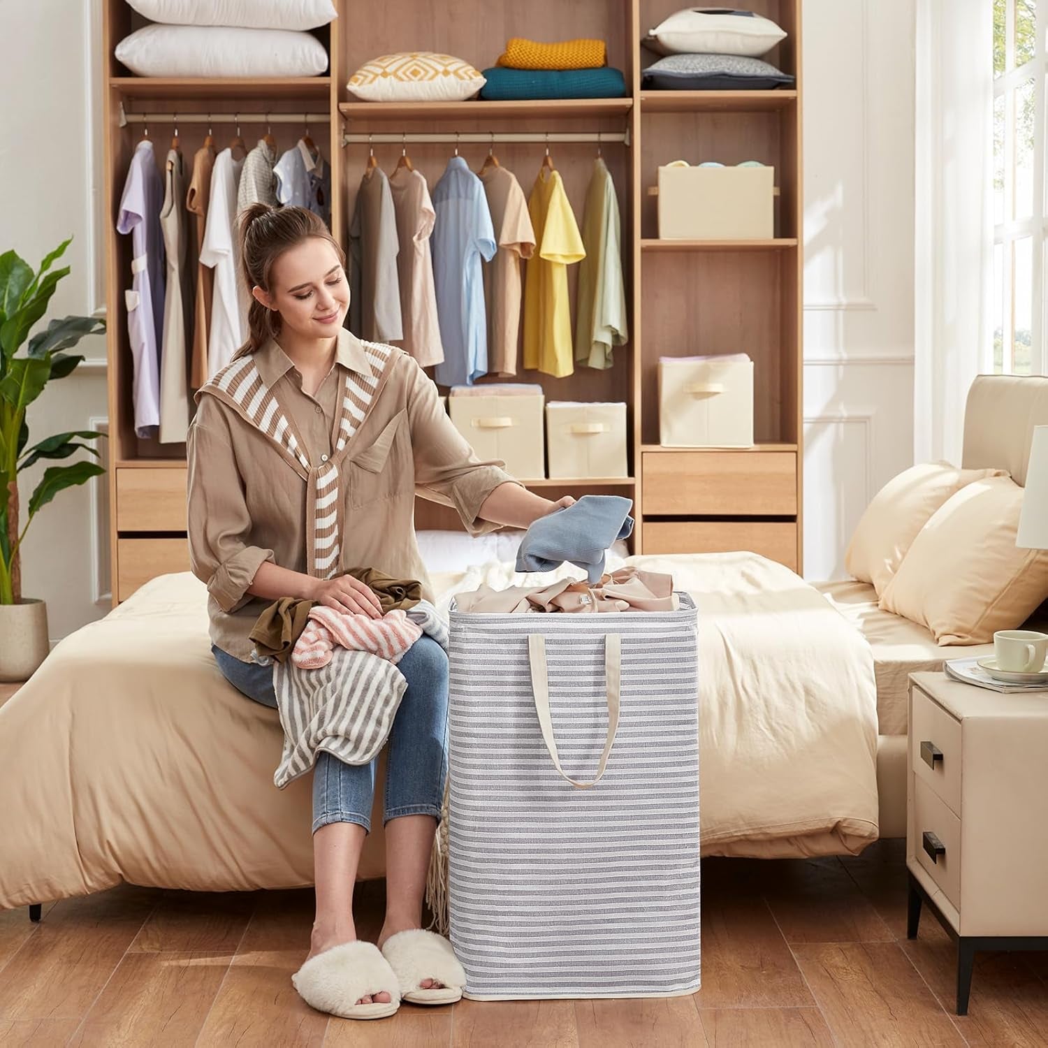 Laundry Hamper Large Collapsible Laundry Basket, Freestanding Waterproof Clothes Hamper Storage with Easy Carry Handles for Clothes in Bedroom Bathroom College Dorm for Adults, Grey