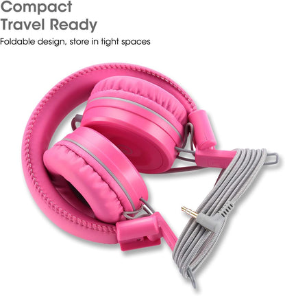 Kids Headphones K22 Foldable Stereo Tangle-Free 5Ft Long Cord 3.5Mm Jack Plugin Wired On-Ear Headset for Ipad/Amazon Kindle Fire/Girls/School/Laptop/Travel/Plane/Tablet Flamingopink