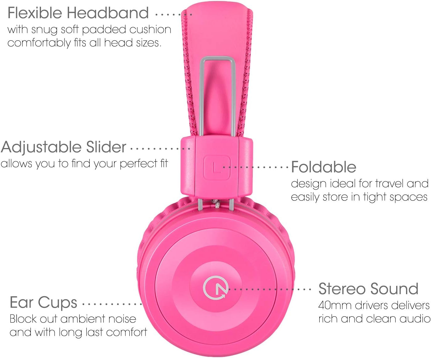 Kids Headphones K22 Foldable Stereo Tangle-Free 5Ft Long Cord 3.5Mm Jack Plugin Wired On-Ear Headset for Ipad/Amazon Kindle Fire/Girls/School/Laptop/Travel/Plane/Tablet Flamingopink