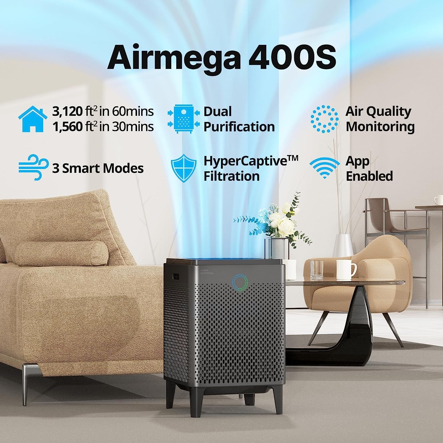 Airmega 400S(G) App-Enabled Smart Technology Compatible with Amazon Alexa True HEPA Air Purifier, Covers 1,560 Sq. Ft, Graphite