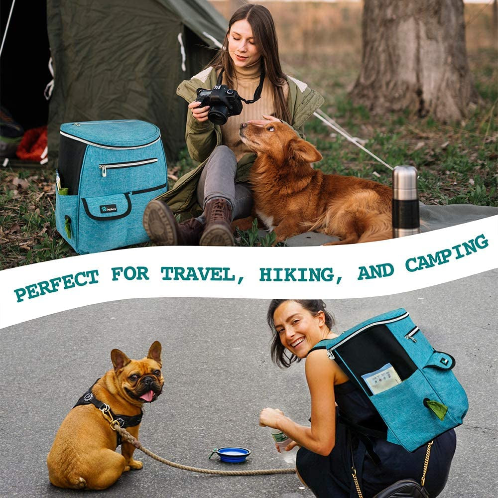 Dog Travel Bag Backpack, Airline Approved Dog Bags for Traveling, Puppy Diaper Bag Supplies, Pet Camping Essentials Hiking Accessories Dog Mom Gift, Food Container, Collapsible Bowls, Teal Blue