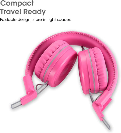 Kids Headphones K22 Foldable Stereo Tangle-Free 5Ft Long Cord 3.5Mm Jack Plugin Wired On-Ear Headset for Ipad/Amazon Kindle Fire/Girls/School/Laptop/Travel/Plane/Tablet Flamingopink