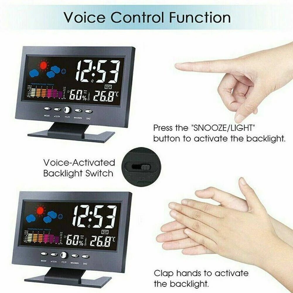 LED Digital Alarm Clock Snooze Calendar Thermometer Hygrometer Weather Display