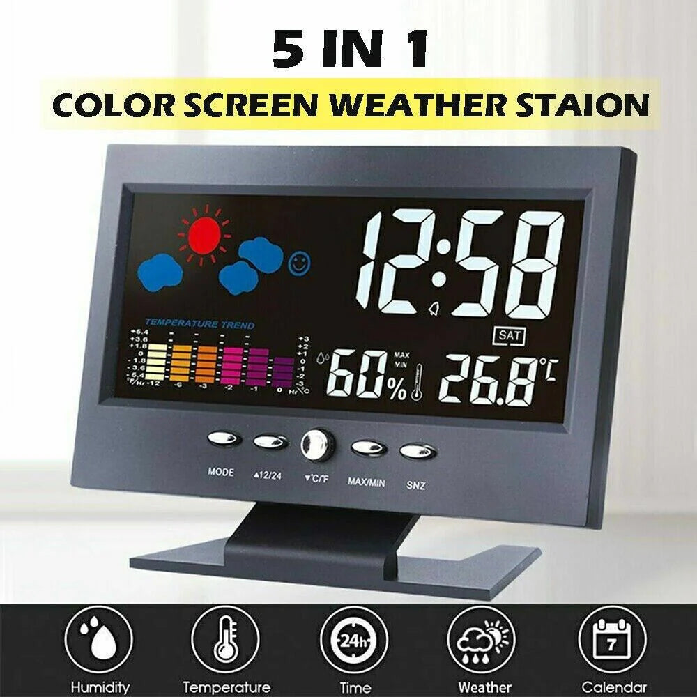 LED Digital Alarm Clock Snooze Calendar Thermometer Hygrometer Weather Display